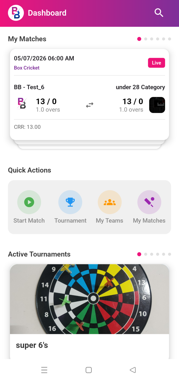 Ball by Ball dashboard with a live match and quick actions
